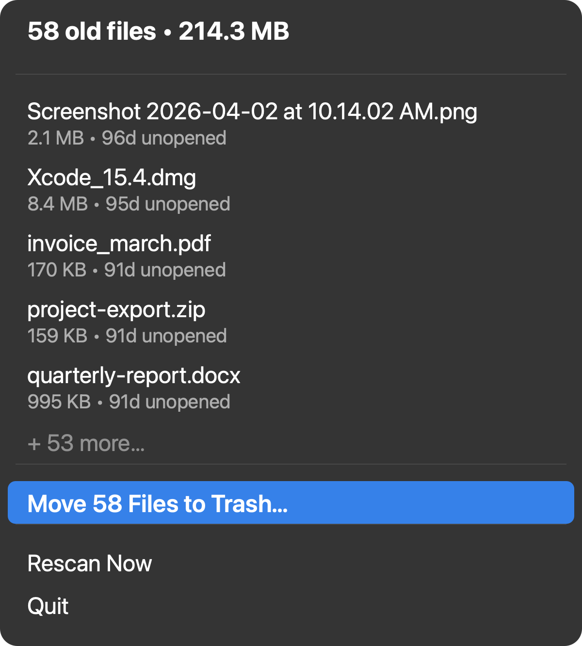Downloads Sweeper's menu bar dropdown showing 58 old files totaling 214.3 MB, with a list of flagged files and a Move 58 Files to Trash button